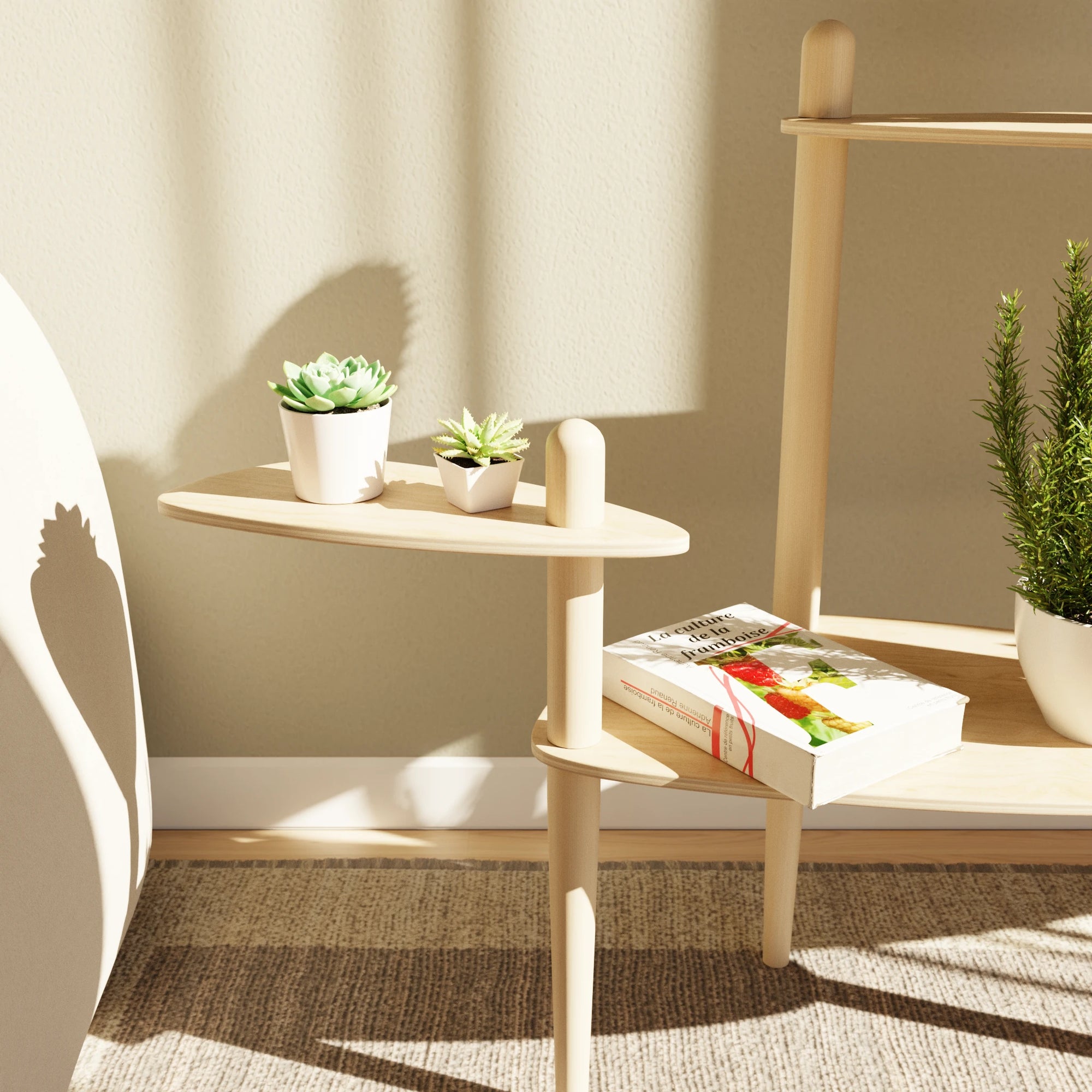 Étagère modulaire en bois clair à plusieurs niveaux pour plantes, conçue pour s'adapter et s'ajouter aux tables Canopée Design.