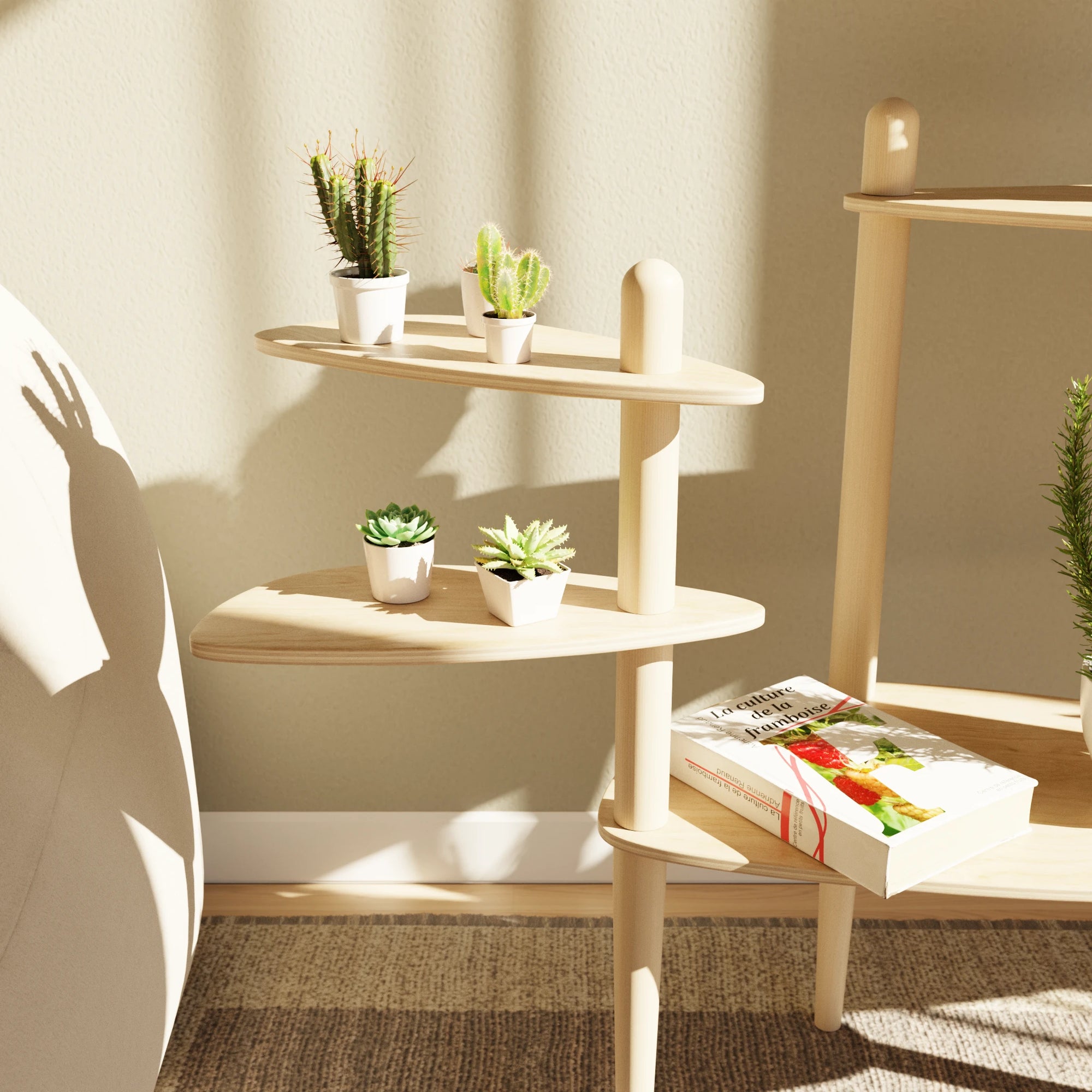 Étagère modulaire en bois clair à plusieurs niveaux pour plantes, conçue pour s'adapter et s'ajouter aux tables Canopée Design.