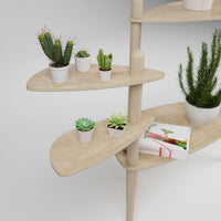 Étagère modulaire en bois clair à plusieurs niveaux pour plantes, conçue pour s'adapter et s'ajouter aux tables Canopée Design.