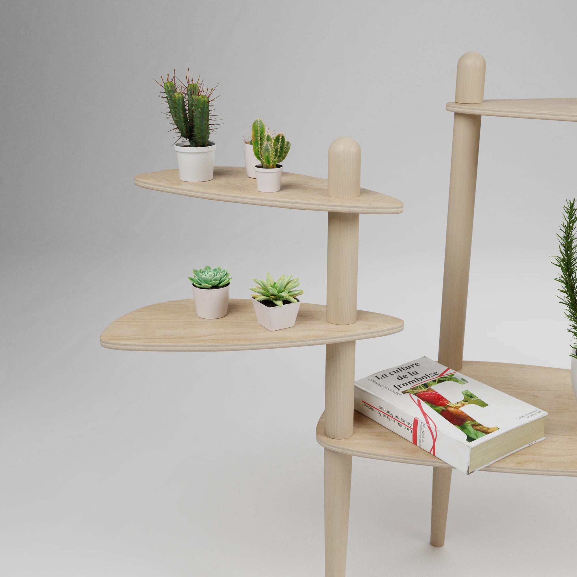 Étagère modulaire en bois clair à plusieurs niveaux pour plantes, conçue pour s'adapter et s'ajouter aux tables Canopée Design.
