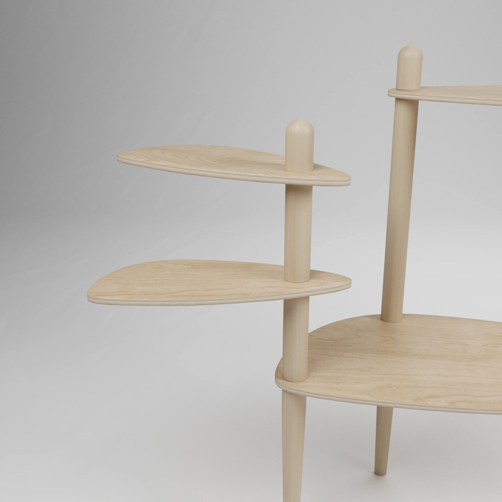 Étagère modulaire en bois clair à plusieurs niveaux pour plantes, conçue pour s'adapter et s'ajouter aux tables Canopée Design.