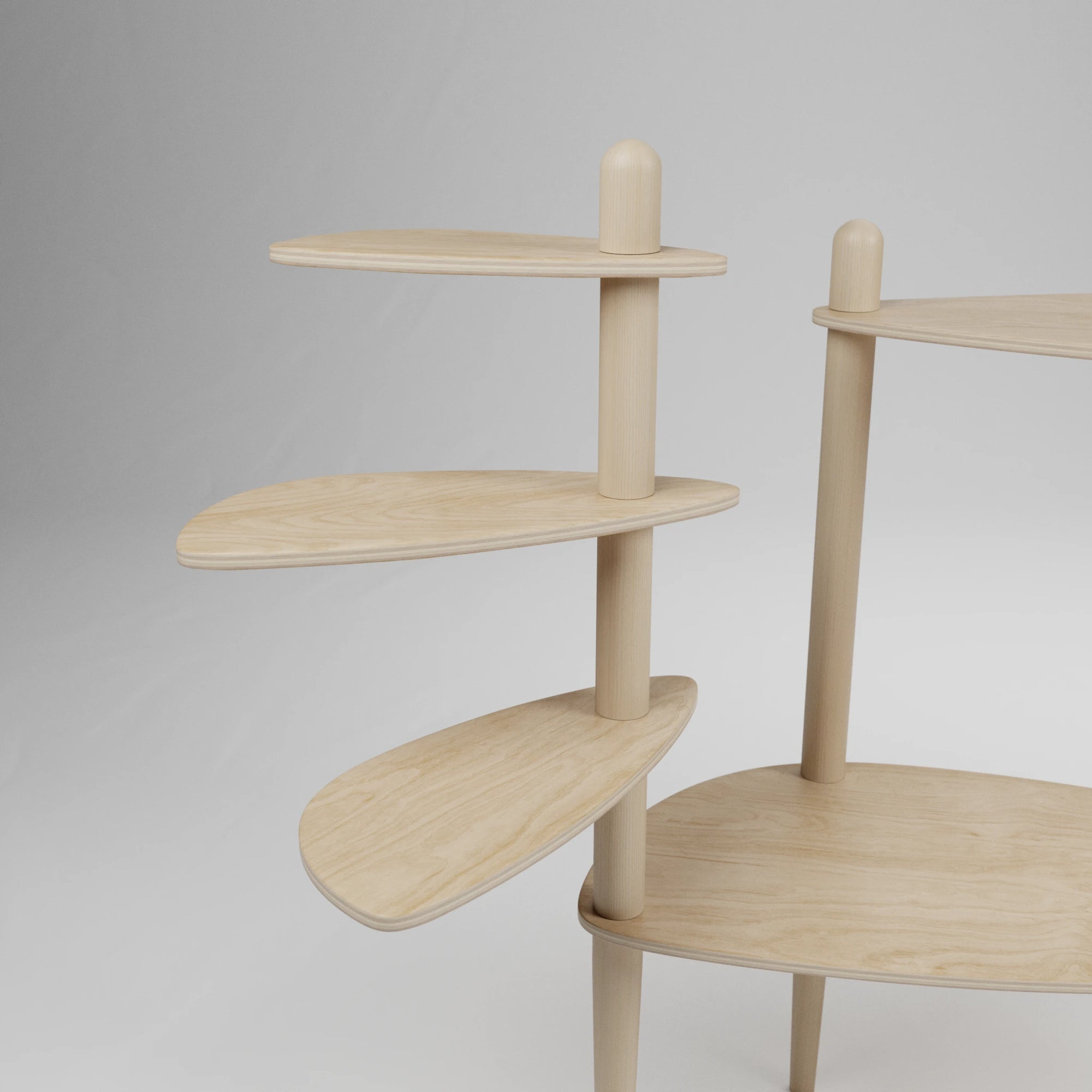 Étagère modulaire en bois clair à plusieurs niveaux pour plantes, conçue pour s'adapter et s'ajouter aux tables Canopée Design.