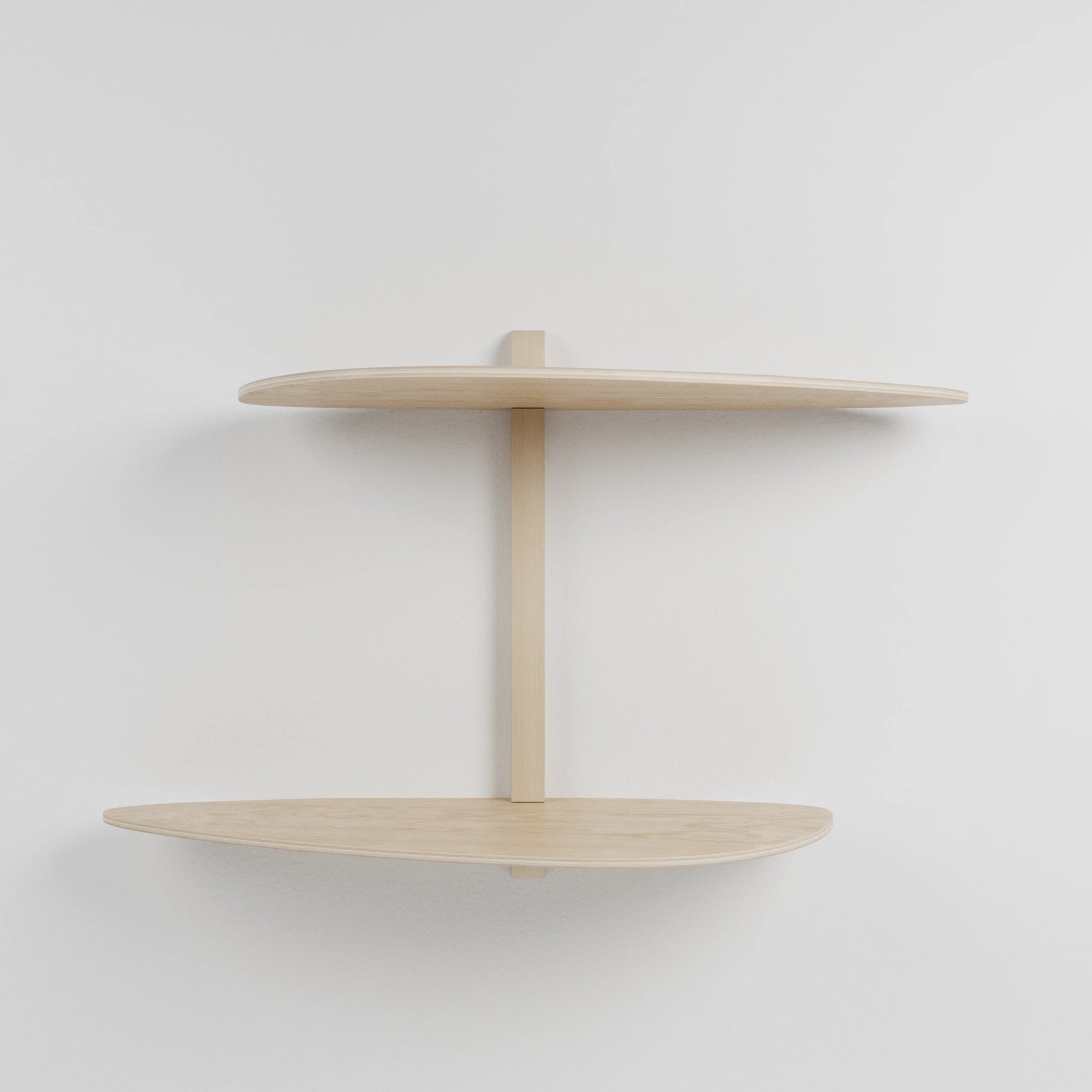 Étagère murale modulaire en bois clair à trois niveaux pour plantes, fixée sur un support central vertical.